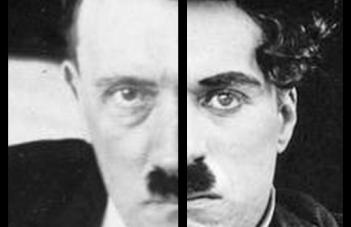 Fotomontage föreställande ett porträtt där ena ansiktshalvan tillhör Chaplin och det andra Hitler