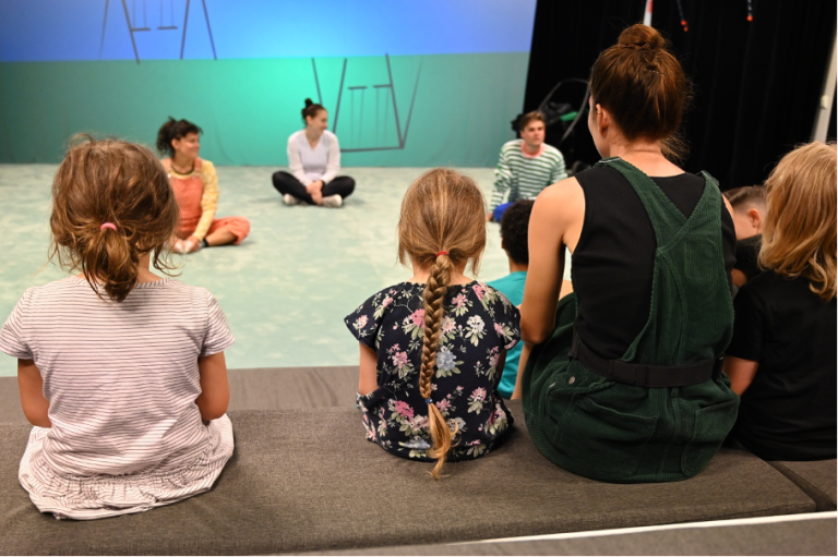 Tre barn och en pedagog sitter med ryggen mot kamera och tittar som provpublik på en repetition av en teaterföreställning där ter vuxna personer sitter på en matta och pratar med barnen.
