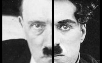 Fotomontage föreställande ett porträtt där ena ansiktshalvan tillhör Chaplin och det andra Hitler